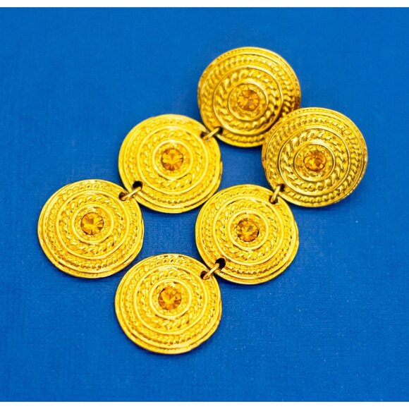 Vintage Gold Tone Earrings, Circle Coins Earrings, Dangle Earrings by Avon - D39 - Picture 1 of 2